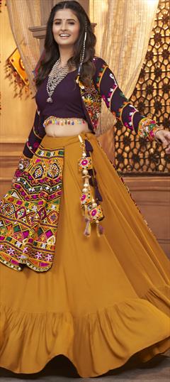 Festive, Navratri Yellow color Ready to Wear Lehenga in Rayon fabric with Flared Embroidered, Mirror, Resham, Thread work : 1897181
