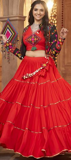 Festive, Navratri Red and Maroon color Ready to Wear Lehenga in Rayon fabric with Flared Embroidered, Mirror, Resham, Thread work : 1897184