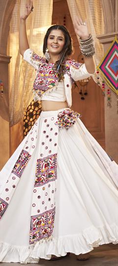Festive, Navratri White and Off White color Ready to Wear Lehenga in Rayon fabric with Flared Embroidered, Mirror, Resham, Thread work : 1897186