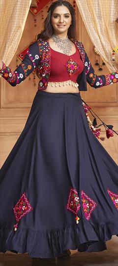 Festive, Navratri Blue color Ready to Wear Lehenga in Rayon fabric with Flared Embroidered, Mirror, Resham, Thread work : 1897187