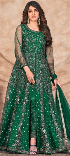 Festive, Party Wear, Reception Green color Salwar Kameez in Net fabric with Slits Embroidered, Sequence, Thread work : 1897194