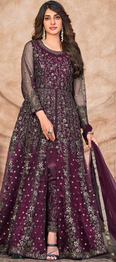 Festive, Party Wear, Reception Purple and Violet color Salwar Kameez in Net fabric with Slits Embroidered, Sequence, Thread work : 1897202