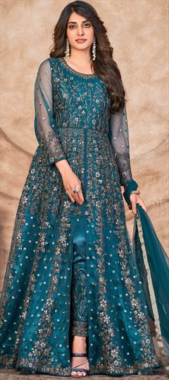 Festive, Party Wear, Reception Blue color Salwar Kameez in Net fabric with Slits Embroidered, Sequence, Thread work : 1897203