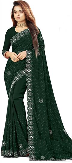Engagement, Reception, Wedding Green color Saree in Georgette fabric with Classic Mirror, Swarovski work : 1897264