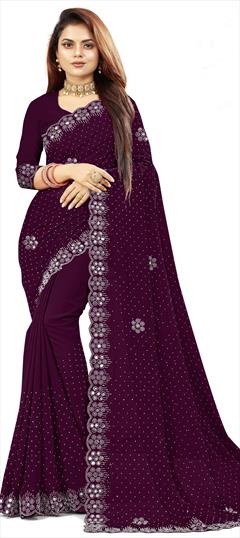 Engagement, Reception, Wedding Purple and Violet color Saree in Georgette fabric with Classic Mirror, Swarovski work : 1897266
