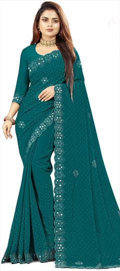 Engagement, Reception, Wedding Blue color Saree in Georgette fabric with Classic Mirror, Swarovski work : 1897269