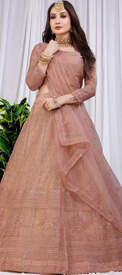Festive, Reception, Wedding Beige and Brown color Lehenga in Net fabric with Elbow Sleeve, Flared Embroidered, Resham, Sequence, Thread work : 1897409