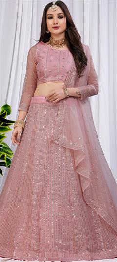 Festive, Reception, Wedding Pink and Majenta color Lehenga in Net fabric with Elbow Sleeve, Flared Embroidered, Resham, Sequence, Thread work : 1897410