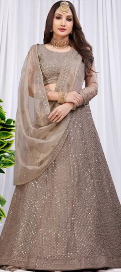 Festive, Reception, Wedding Beige and Brown color Lehenga in Net fabric with Elbow Sleeve, Flared Embroidered, Resham, Sequence, Thread work : 1897411