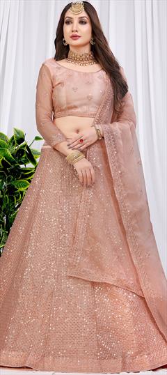 Festive, Reception, Wedding Pink and Majenta color Lehenga in Net fabric with Elbow Sleeve, Flared Embroidered, Resham, Sequence, Thread work : 1897412