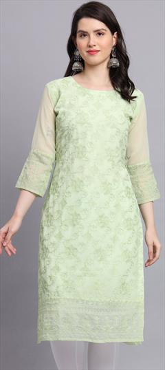 Casual Green color Kurti in Georgette fabric with Long Sleeve, Straight Embroidered, Resham, Thread work : 1897434