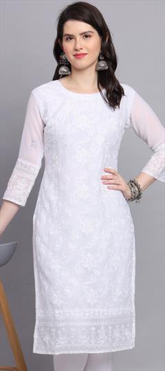 Casual White and Off White color Kurti in Georgette fabric with Long Sleeve, Straight Embroidered, Resham, Thread work : 1897440