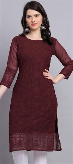Casual Red and Maroon color Kurti in Georgette fabric with Long Sleeve, Straight Embroidered, Resham, Thread work : 1897441
