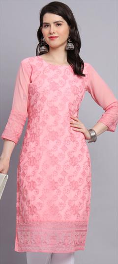 Casual Pink and Majenta color Kurti in Georgette fabric with Long Sleeve, Straight Embroidered, Resham, Thread work : 1897442