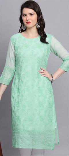 Casual Green color Kurti in Georgette fabric with Long Sleeve, Straight Embroidered, Resham, Thread work : 1897443