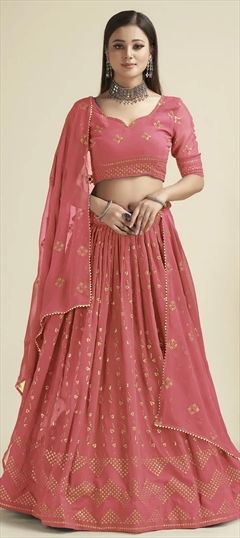 Engagement, Festive, Reception Pink and Majenta color Lehenga in Georgette fabric with Flared Embroidered, Sequence, Thread work : 1897534