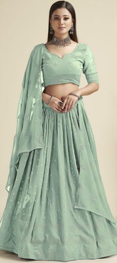Engagement, Festive, Reception Green color Lehenga in Georgette fabric with Flared Embroidered, Sequence, Thread work : 1897535