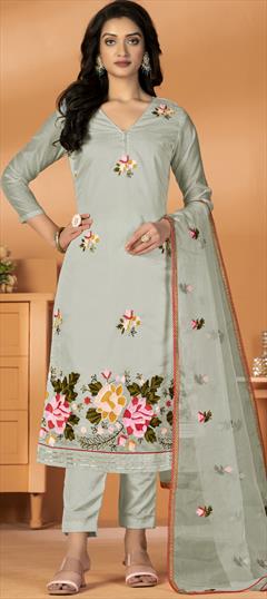 Party Wear Black and Grey color Salwar Kameez in Art Silk fabric with Straight Embroidered, Resham, Thread work : 1897631