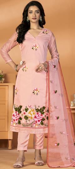 Party Wear Pink and Majenta color Salwar Kameez in Art Silk fabric with Straight Embroidered, Resham, Thread work : 1897634