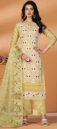 Party Wear Yellow color Salwar Kameez in Art Silk fabric with Straight Embroidered, Resham, Thread work : 1897638