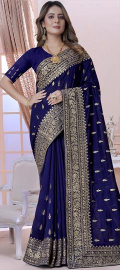 Bollywood, Traditional Blue color Saree in Art Silk, Silk fabric with South Embroidered, Stone, Thread, Zari work : 1897709