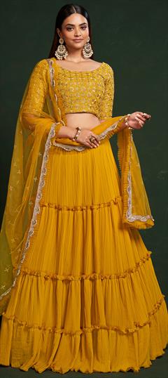 Mehendi Sangeet, Reception, Wedding Yellow color Lehenga in Faux Georgette fabric with Flared Embroidered, Sequence, Thread work : 1897713