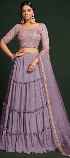 Mehendi Sangeet, Reception, Wedding Purple and Violet color Lehenga in Faux Georgette fabric with Flared Embroidered, Sequence, Thread work : 1897715