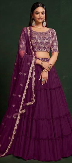 Mehendi Sangeet, Reception, Wedding Purple and Violet color Lehenga in Faux Georgette fabric with Flared Embroidered, Sequence, Thread work : 1897717