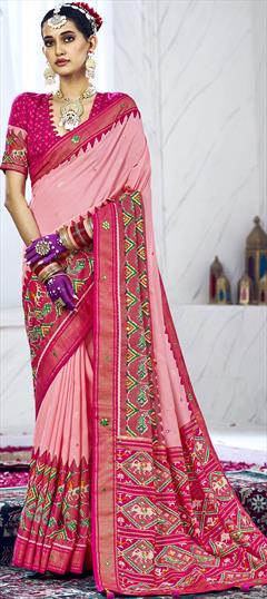 Party Wear, Traditional Pink and Majenta color Saree in Silk cotton fabric with Bengali, South Mirror, Printed, Weaving work : 1897718