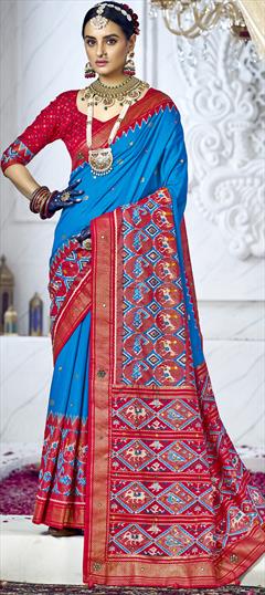 Party Wear, Traditional Blue color Saree in Silk cotton fabric with Bengali, South Mirror, Printed, Weaving work : 1897719