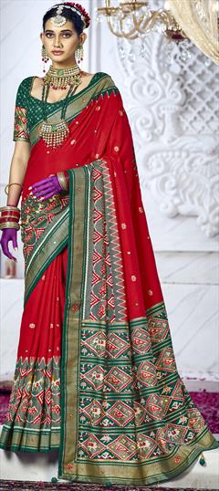 Party Wear, Traditional Red and Maroon color Saree in Silk cotton fabric with Bengali, South Mirror, Printed, Weaving work : 1897721