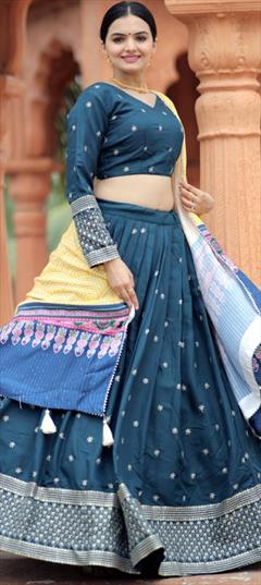 Festive, Party Wear Blue color Lehenga in Art Silk fabric with Flared Embroidered, Sequence, Thread work : 1897757