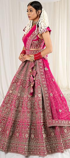 Bridal, Wedding Pink and Majenta color Lehenga in Velvet fabric with Flared Embroidered, Sequence, Zari, Zircon work : 1897869