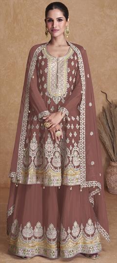 Mehendi Sangeet, Party Wear Beige and Brown color Salwar Kameez in Faux Georgette fabric with Palazzo, Straight Embroidered, Resham, Sequence, Thread work : 1897887