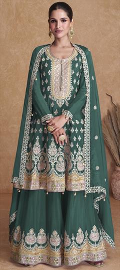 Mehendi Sangeet, Party Wear Green color Salwar Kameez in Faux Georgette fabric with Palazzo, Straight Embroidered, Resham, Thread work : 1897893
