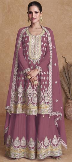 Mehendi Sangeet, Party Wear Pink and Majenta color Salwar Kameez in Faux Georgette fabric with Palazzo, Straight Embroidered, Resham, Sequence, Thread work : 1897898