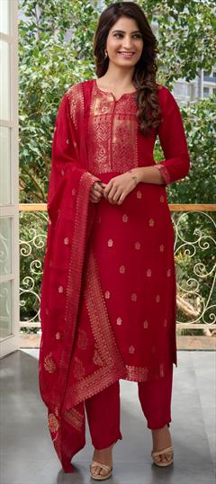 Festive, Party Wear Red and Maroon color Salwar Kameez in Brocade fabric with Straight Weaving work : 1897946