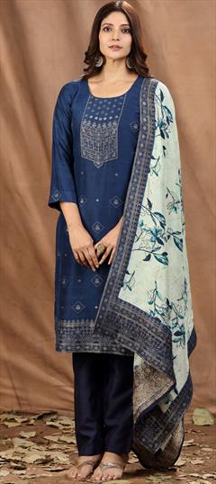 Festive, Party Wear Blue color Salwar Kameez in Art Silk fabric with Straight Weaving work : 1897955