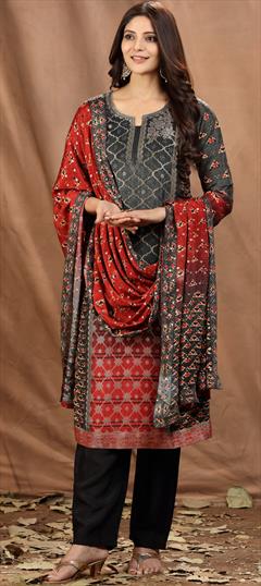 Festive, Party Wear Beige and Brown, Black and Grey color Salwar Kameez in Brocade fabric with South Bandhej, Printed, Stone, Weaving work : 1897963
