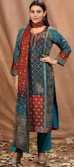Festive, Party Wear Blue color Salwar Kameez in Brocade fabric with Straight Bandhej, Printed, Stone, Weaving work : 1897965