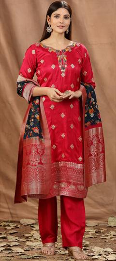 Festive, Party Wear Pink and Majenta, Red and Maroon color Salwar Kameez in Brocade fabric with Straight Printed, Sequence, Stone, Weaving work : 1897967