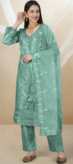 Festive, Party Wear Green color Salwar Kameez in Net fabric with Straight Embroidered, Sequence, Thread work : 1897996