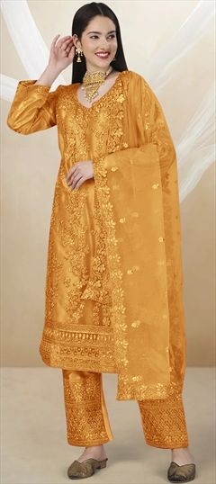 Festive, Party Wear Gold color Salwar Kameez in Net fabric with Straight Embroidered, Sequence, Thread work : 1897997