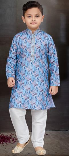 Party Wear Blue color Boys Kurta Pyjama in Cotton fabric with Printed work : 1897998
