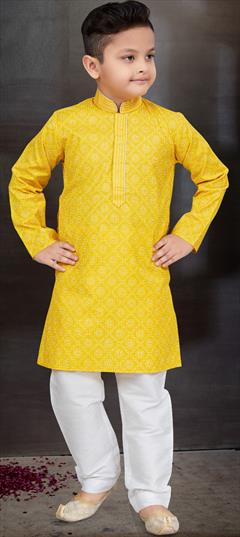 Party Wear Yellow color Boys Kurta Pyjama in Cotton fabric with Printed work : 1897999