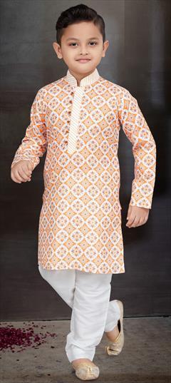 Party Wear Orange color Boys Kurta Pyjama in Cotton fabric with Printed work : 1898001