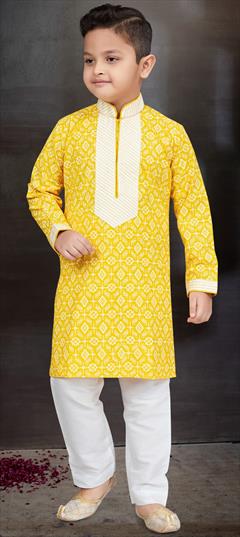 Party Wear Yellow color Boys Kurta Pyjama in Cotton fabric with Printed work : 1898002