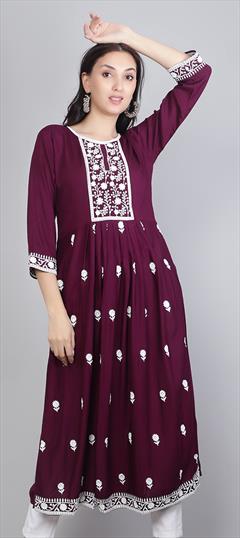 Casual, Party Wear Purple and Violet color Kurti in Rayon fabric with Anarkali, Long Sleeve Embroidered, Resham, Thread work : 1898037