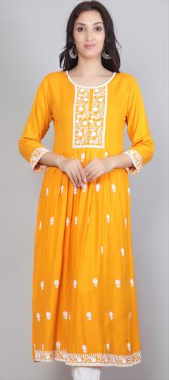 Casual, Party Wear Yellow color Kurti in Rayon fabric with Anarkali, Long Sleeve Embroidered, Resham, Thread work : 1898039