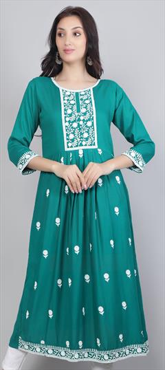 Casual, Party Wear Green color Kurti in Rayon fabric with Anarkali, Long Sleeve Embroidered, Resham, Thread work : 1898041